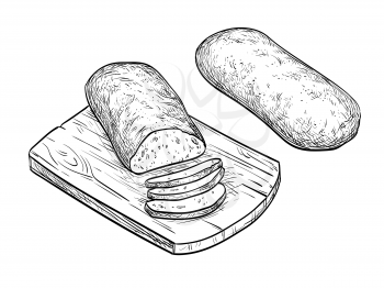 Hand drawn vector illustration of ciabatta bread. Isolated on white background. Vintage style.