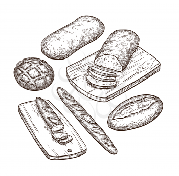 Bread set. Hand drawn vector illustration. Isolated on white background. Vintage style.