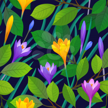 Floral seamless pattern with crocuses. Vector illustration of leaves and flowers. Spring and summer background.