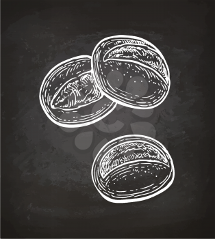 Chalk sketch of buns on blackboard background. Hand drawn vector illustration. Retro style.