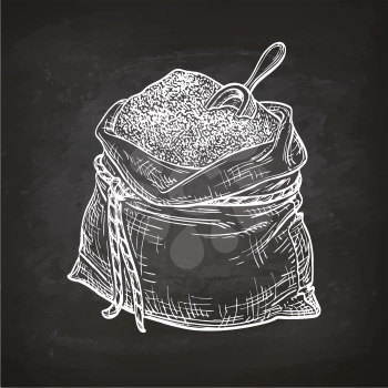 Bag of flour with scoop. Chalk sketch on blackboard. Hand drawn vector illustration. Retro style.