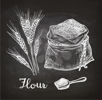 Wheat and bag of flour. Chalk sketch on blackboard. Hand drawn vector illustration. Retro style.