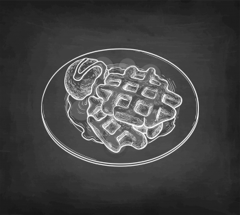 Chalk sketch of waffles with syrup and ice cream. Hand drawn vector illustration on blackboard background. Retro style.