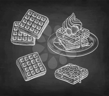 Waffles with cream and strawberry topping. Chalk sketch on blackboard background. Hand drawn vector illustration. Retro style.