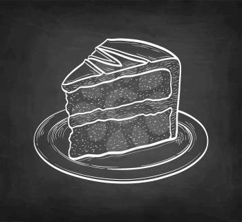 Chocolate cake. Chalk sketch on blackboard background. Hand drawn vector illustration. Retro style.