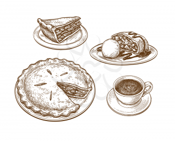 Set of desserts. Apple pie, strudel with ice cream and cup of tea or coffee. Ink sketch isolated on white background. Hand drawn vector illustration. Retro style.
