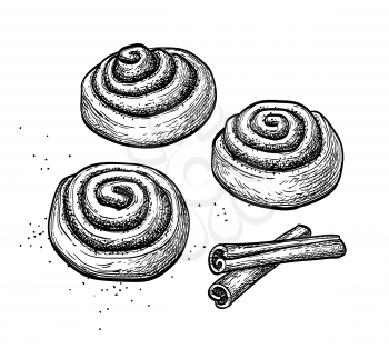 Cinnamon rolls. Ink sketch isolated on white background. Hand drawn vector illustration. Retro style.