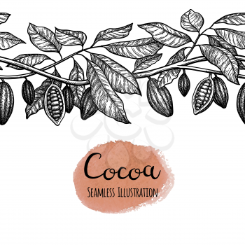 Seamless illustration of cocoa. Branches and pods. Ink sketch isolated on white background. Hand drawn vector illustration. Retro style.