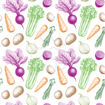 Seamless pattern with vegetables. Colored ink sketches on white background. Hand drawn vector illustration. Retro style.