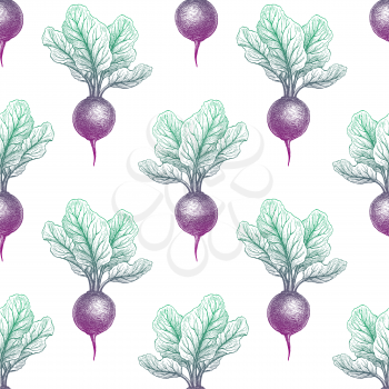 Beetroot with tops. Seamless pattern. Ink sketch on white background. Hand drawn vector illustration. Retro style.