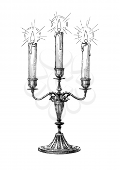 Burning candles in candelabrum. Ink sketch isolated on white background. Hand drawn vector illustration. Retro style.