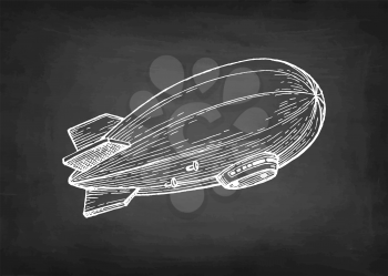 Airship. Chalk sketch of dirigible on blackboard background. Hand drawn vector illustration. Retro style.