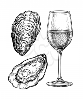 Glass of white wine and oysters. Ink sketch isolated on white background. Hand drawn vector illustration. Retro style.