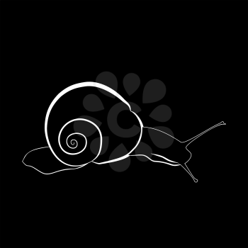 Abstract illustration, black and white silhouette of snail. The snail on slope. Black background.