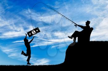 Social inequality. Wealthy businessman with a fishing rod and money and common man