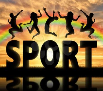 Sports and recreation concept. Silhouette people jumping over the word sport