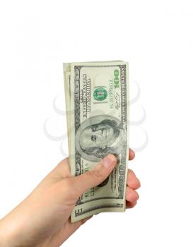 Concept of cash. Money US dollars in hand on white background