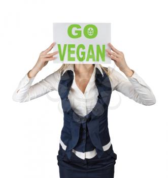 Concept of vegetarianism. Woman agitates for vegetarianism