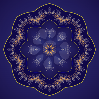 Eight pointed circular pattern. Mandala. Round linear vector ornament on a blue background.