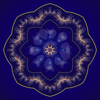 Eight pointed circular pattern. Mandala. Round linear ornament on a blue background.