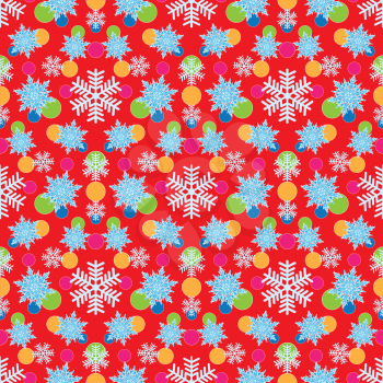 Christmas beautiful vector seamless background with blue snowflakes and multi-colored confetti.
