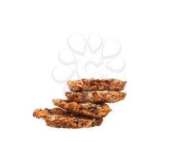 three chip cookies on white background