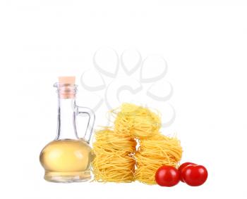 Ingredients for pasta. Spaghetti, chili, oil, garlic isolated on white