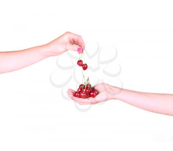 collage Cherries in a female hand on a white