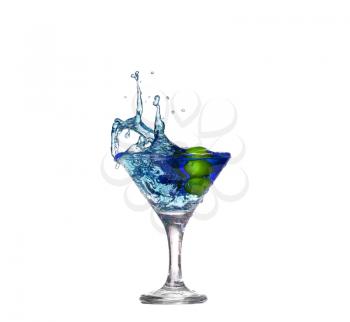  blue cocktail with splashes isolated on white background