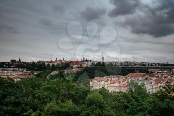 PRAGUE,CZECH REPUBLIC - 11 AUGUST 2019: View on the Old Town or Stare Mesto Prague from above. Prague postcard, tourist attraction. View of Prague roofs and Prague castle from Vysehrad castle,