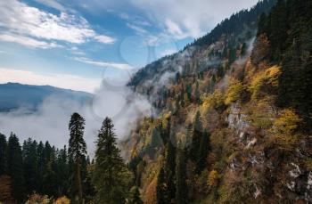 The mountain autumn landscape with colorful forest and high peaks Caucasus Mountains. Rosa Khutor ski resort in off-season, Russia, Sochi. Mountain Clouds Dance