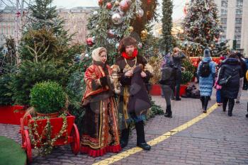 Moscow, Russia, 10 January 2020 : Celebration of the New Year and Christmas on the Red Square in the center of Moscow. Holiday fair and amusement park near the Kremlin.