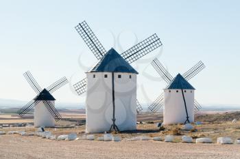 Preserved historic windmills on plain above Campo de Criptana in Castilla-La Mancha, Spain