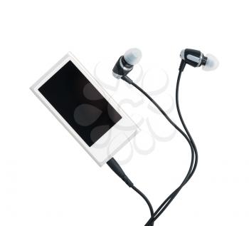 Small white portable MP3 digital music player with earbuds isolated against a white background