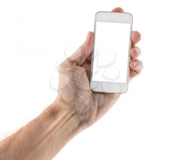 Image of male left hand holding smartphone with screen isolated ready for insertion of your application or screenshot against white background