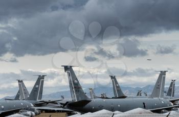 Tails of many grounded and retired air force planes in the Boneyard near Tucson Arizona