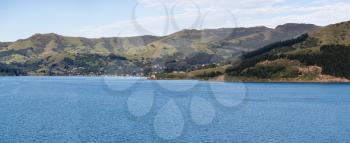 Panoramic view of the coastline around Akaroa harbour near Christchurch on South Island of New Zealand