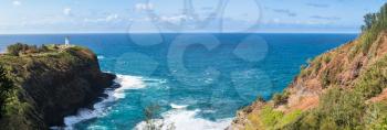 Panorama of cliffs housing bird sanctuary at Kilauea Lighthouse on north shore of Kauai