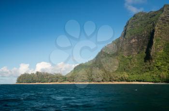 Ke'e beach on Na Pali coastline in Kauai from sunset cruise