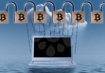 Chained set of locks linked into a chain to ilustrate the concept of Blockchain and Bitcoin with laptop communicating to cloud