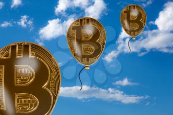 Illustration of the rise in bitcoin values with balloons or bubbles floating into blue sky