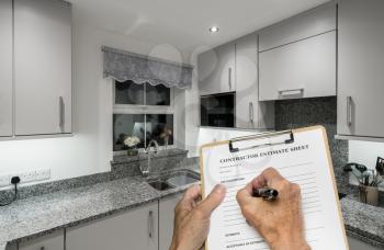 Contractor estimate form for decorating small modern kitchen in UK apartment or flat