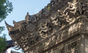 Detail of roof carving in Yu or Yuyuan Garden in  the old city of Shanghai