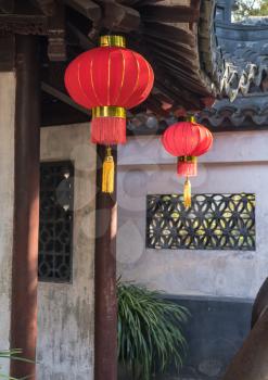 Small courtyard with chinese lanterns in Yu or Yuyuan Garden in  the old city of Shanghai
