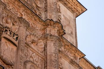Detail of the ornate facade in the plateresque style at the University of Salamanca in Spain
