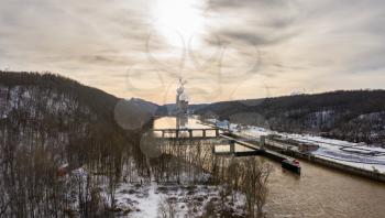 Aerial drone view of the Fort Martin coal powered power station near Morgantown in West Virginia in December with snow on the ground