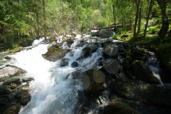 The mountain river in the mountains. Current through the gorge the river. Stones and rocky land near the river. Beautiful mountain landscape.