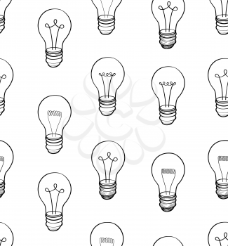 Bulb white background. Electric lamp seamless pattern. Doodle line sketch ornamental decor