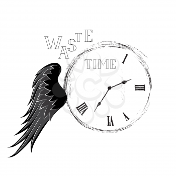 Waste time concept. Doodle retro watch dial with handwritten lettering and damaged numbers