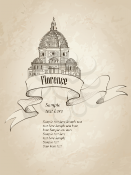 Florence landmark. Vintage background. Travel Italy icon. Hand drawn sketch. Cathedral Santa Maria del Fiore. Toscane  symbol wallpaper.